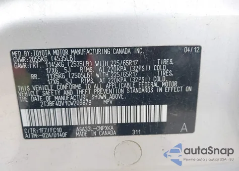 2012 Toyota Rav4 from USA, damaged, VIN 2T3BF4DV1CW209879